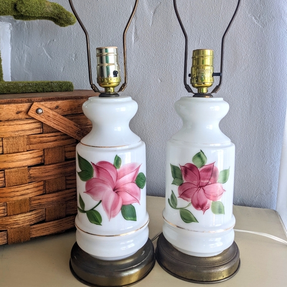 Other - Vintage Hand-Painted Pink Floral Milk Glass Lamps Home Decor